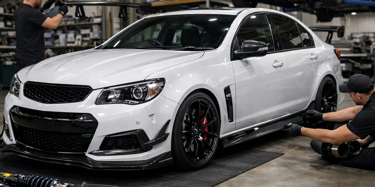 Modern white sports car being customised in a professional workshop